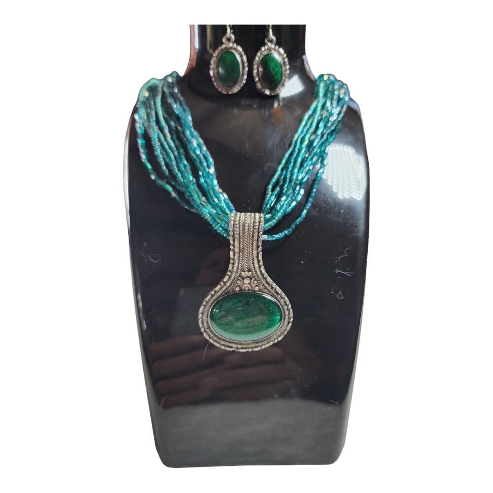 Vintage Multi Strand Teal Seed Bead Necklace Earring Set Green Enamel Pendant